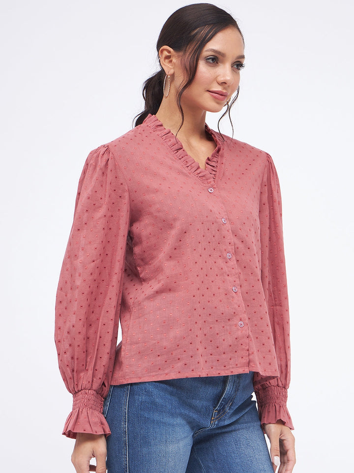 Self Design Long Sleeve Frill Neck Top