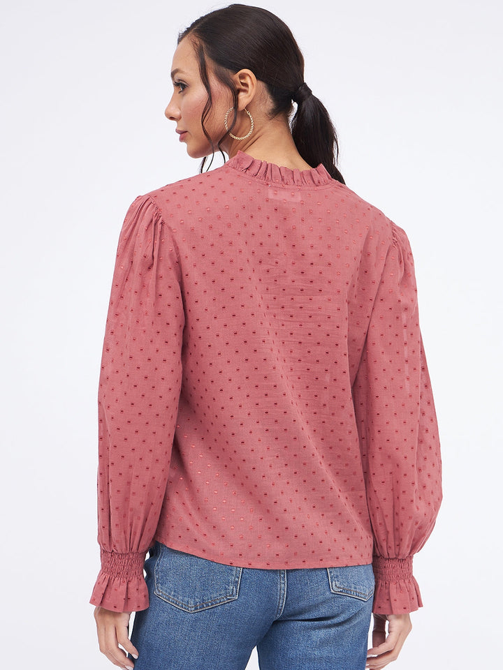 Self Design Long Sleeve Frill Neck Top
