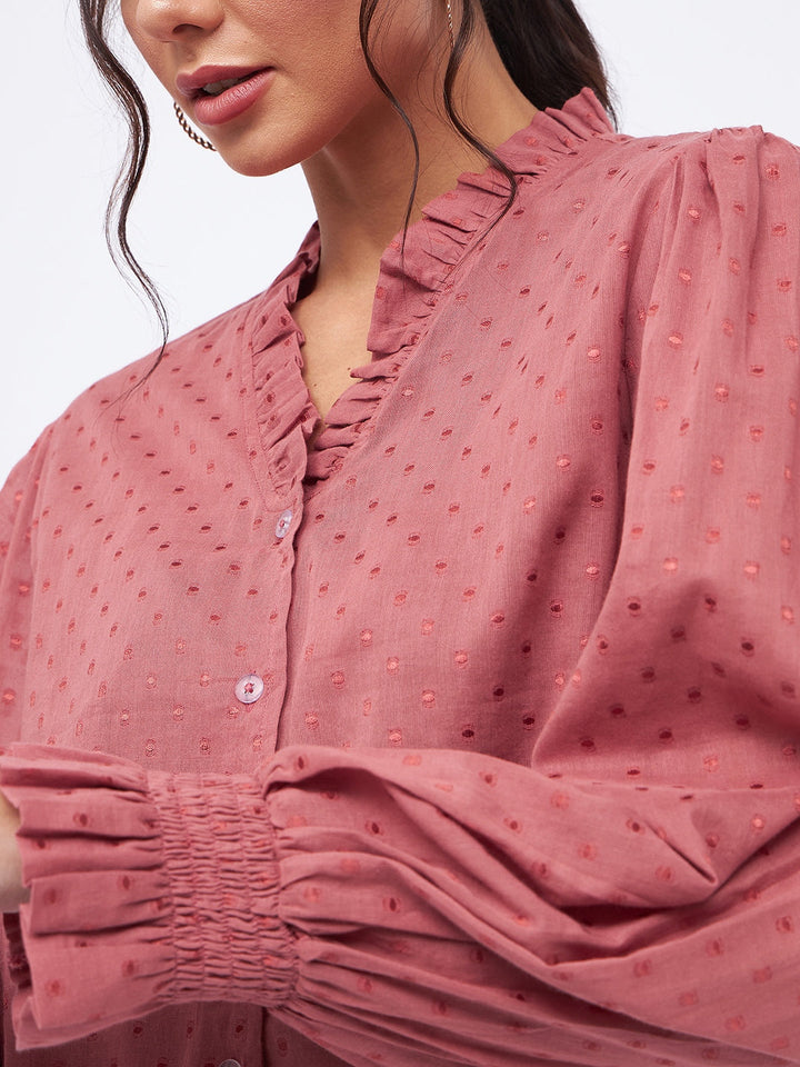 Self Design Long Sleeve Frill Neck Top