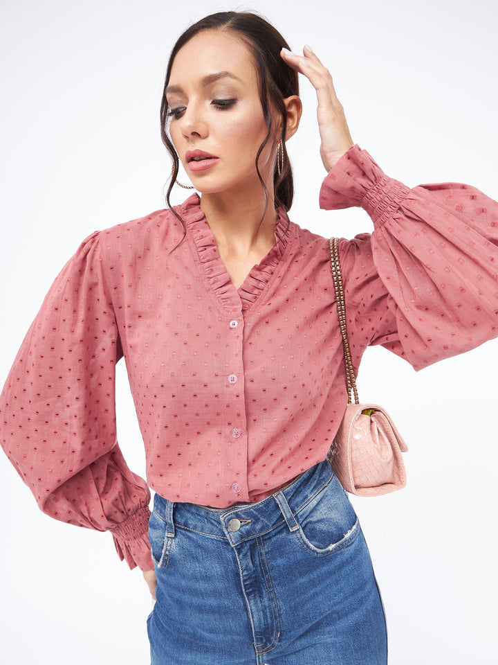 Self Design Long Sleeve Frill Neck Top