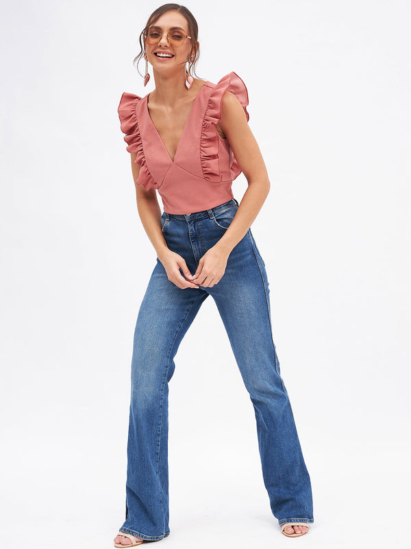 Spandex V Neck Ruffle Crop Top