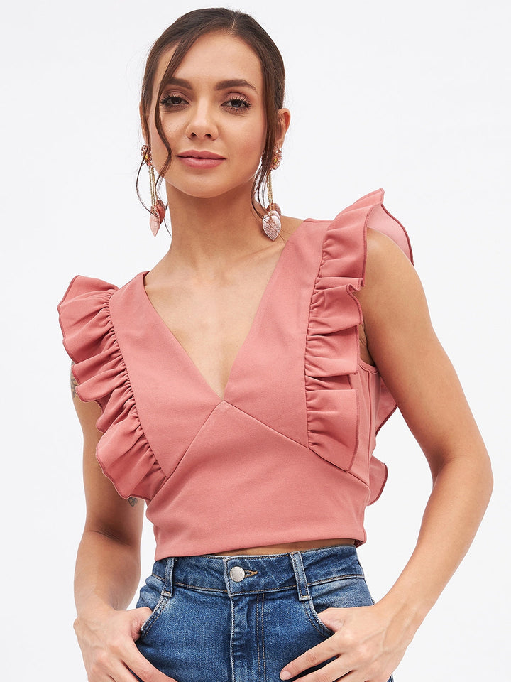 Spandex V Neck Ruffle Crop Top
