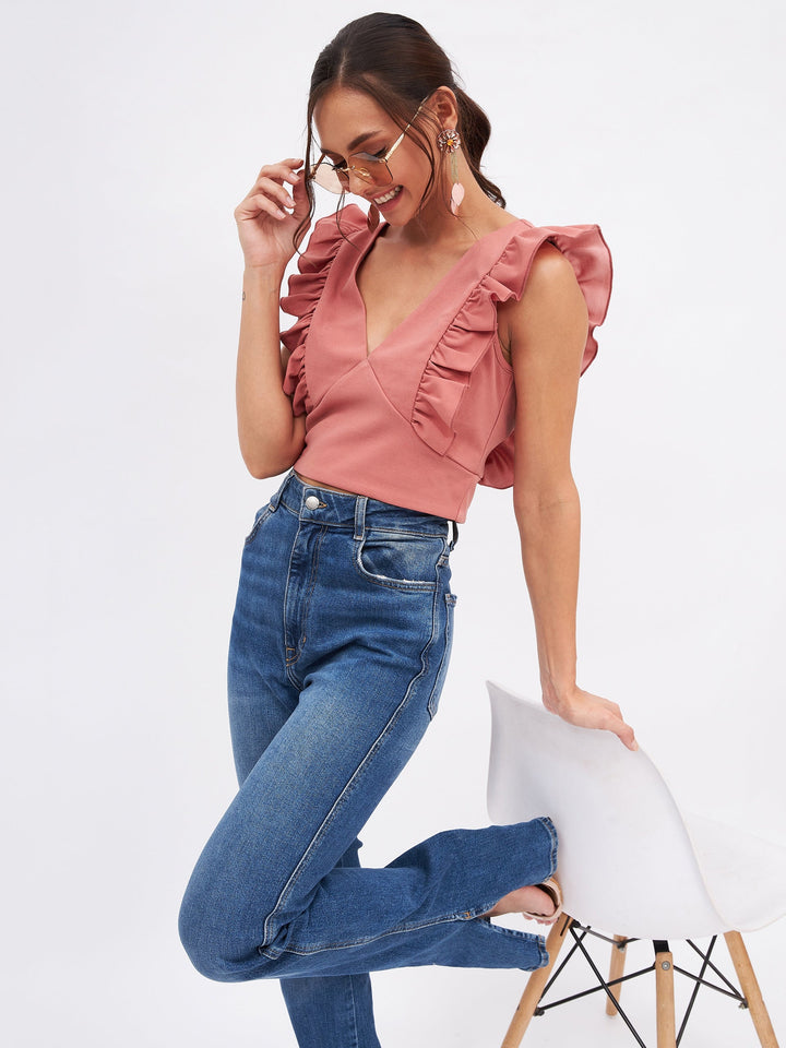 Spandex V Neck Ruffle Crop Top