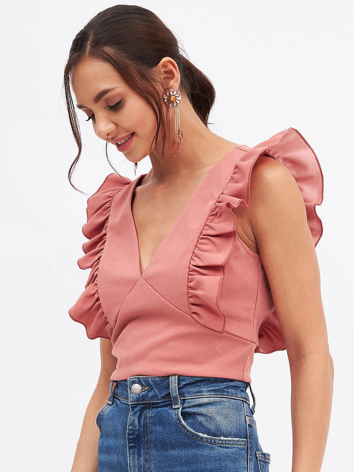 Spandex V Neck Ruffle Crop Top