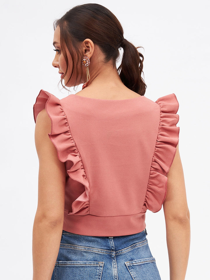Spandex V Neck Ruffle Crop Top
