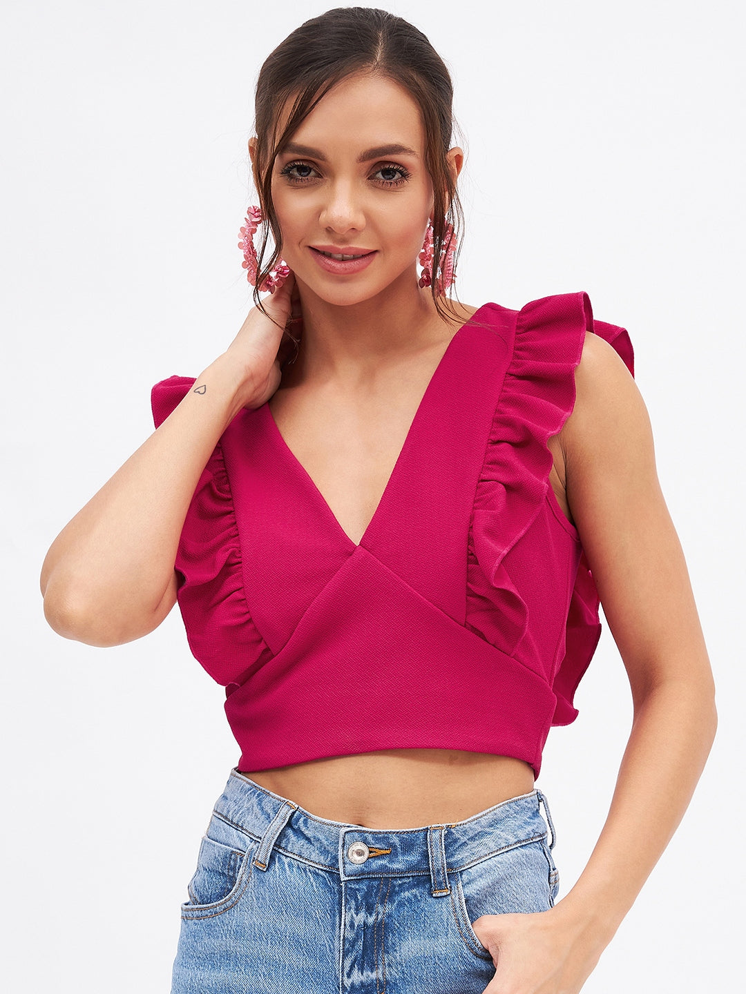 Spandex V Neck Ruffle Crop Top