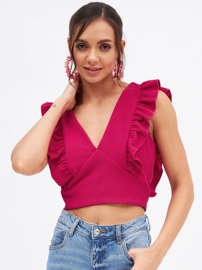 Spandex V Neck Ruffle Crop Top