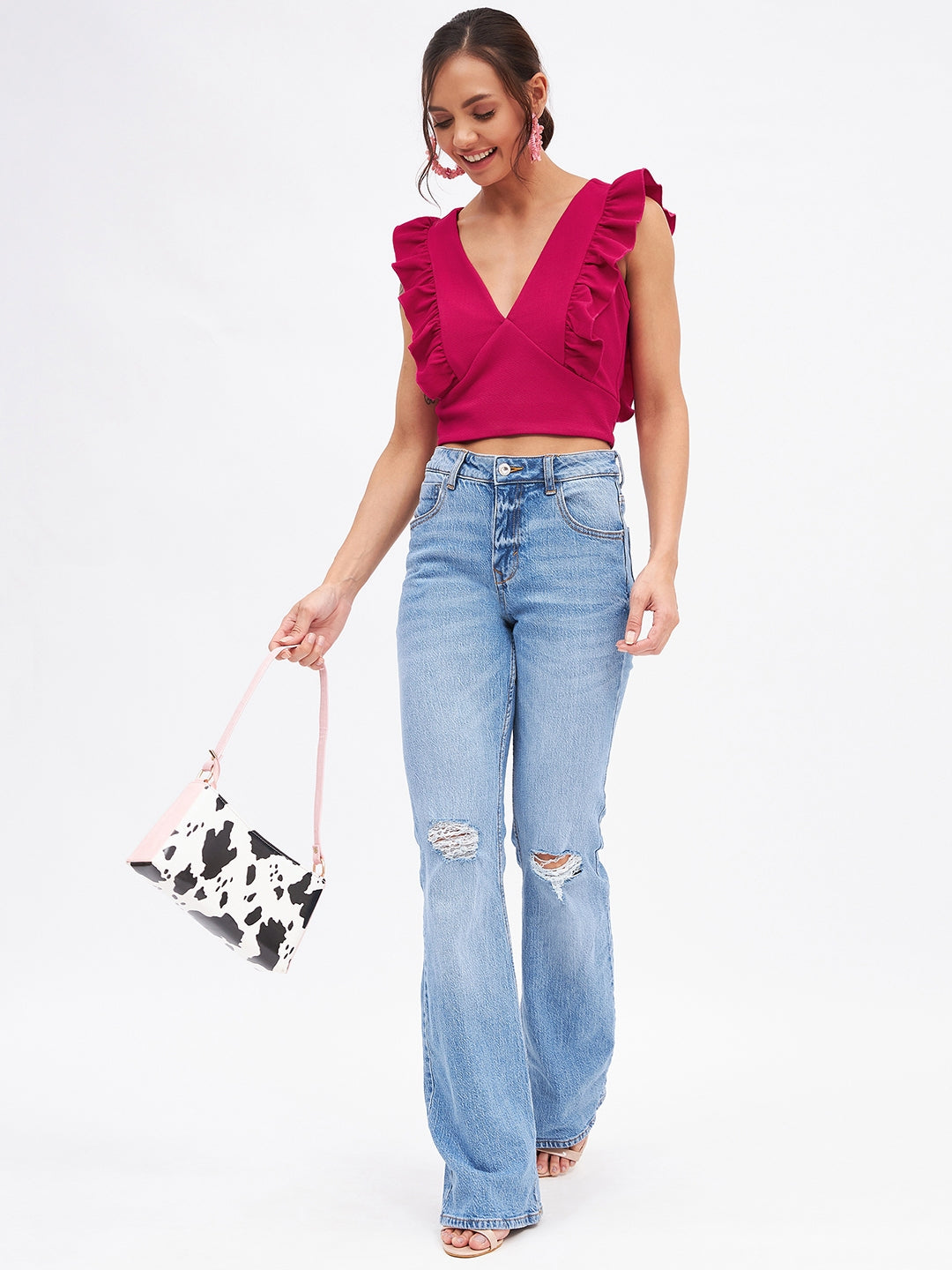 Spandex V Neck Ruffle Crop Top