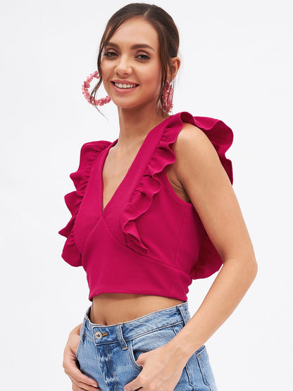 Spandex V Neck Ruffle Crop Top