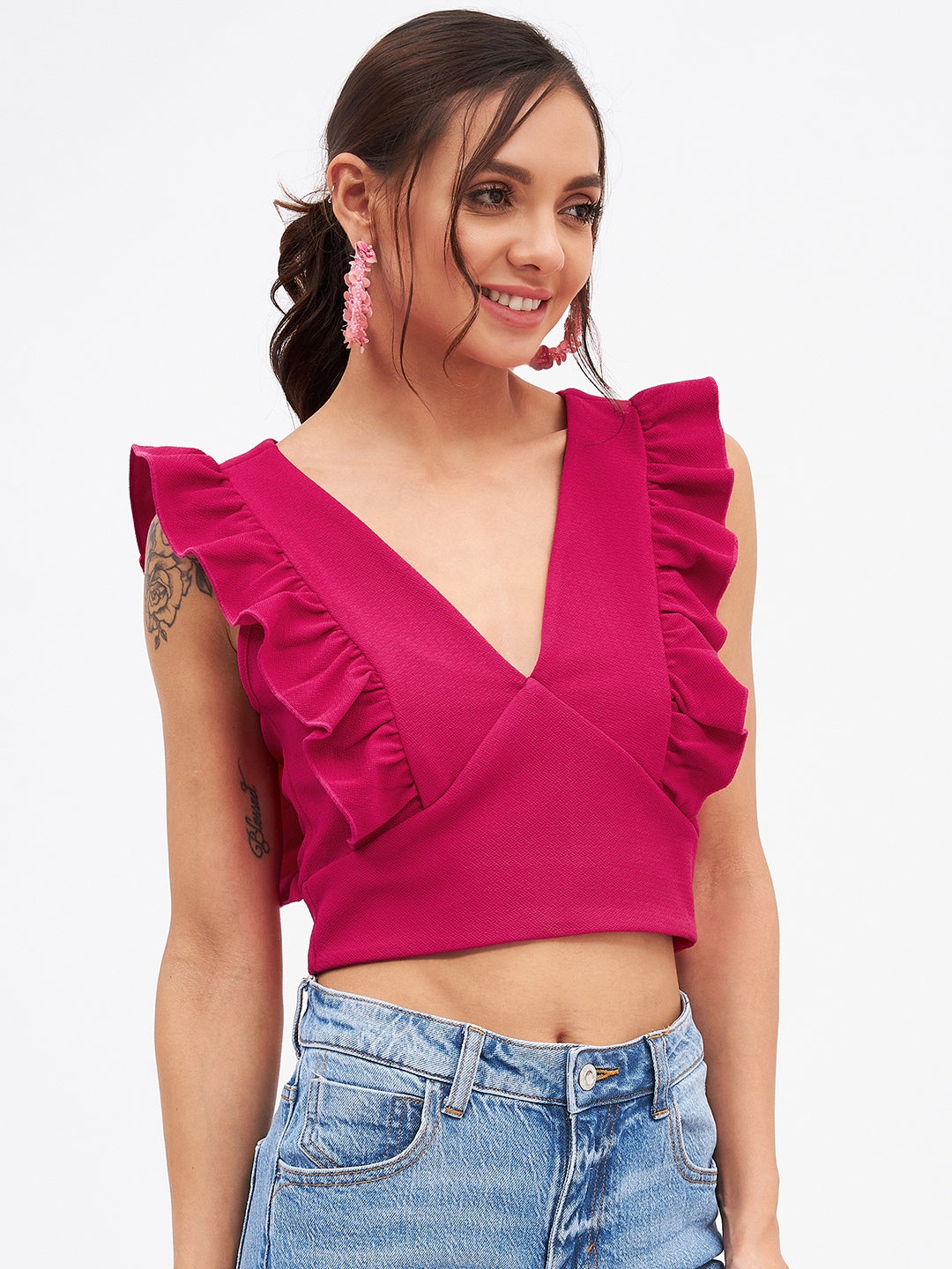 Spandex V Neck Ruffle Crop Top