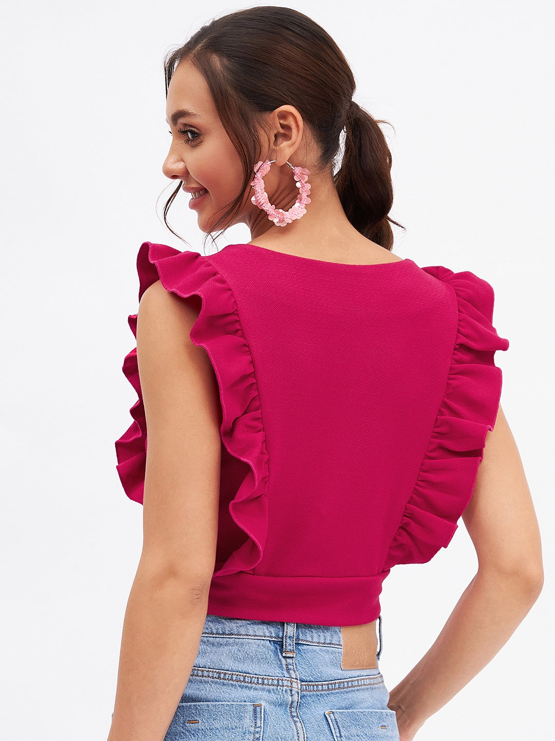 Spandex V Neck Ruffle Crop Top
