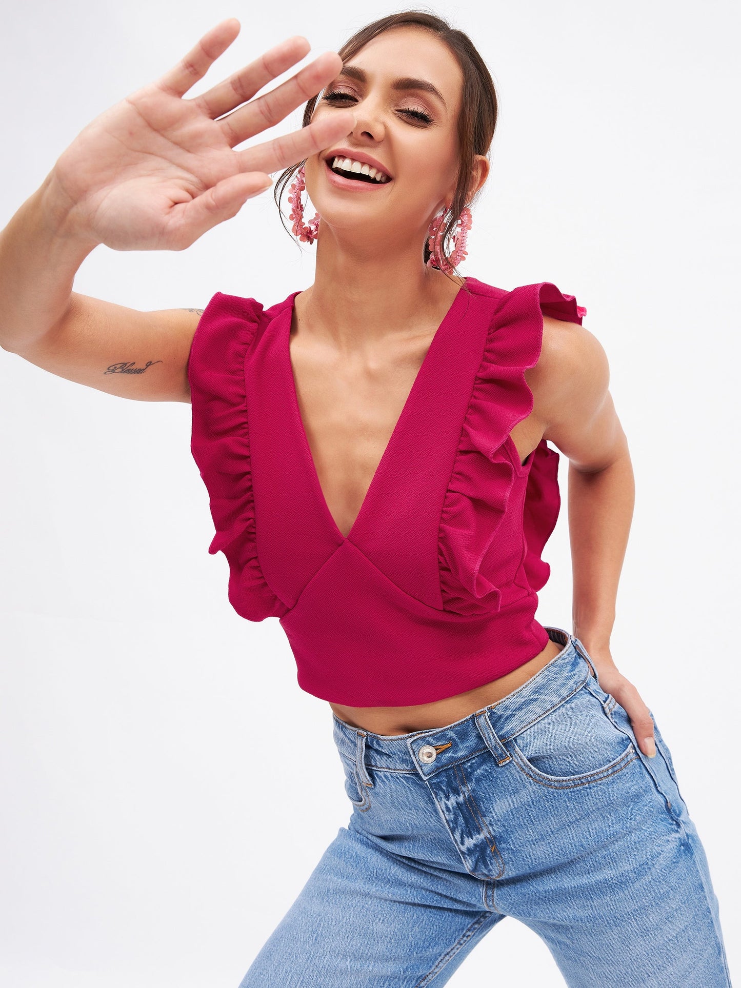 Spandex V Neck Ruffle Crop Top