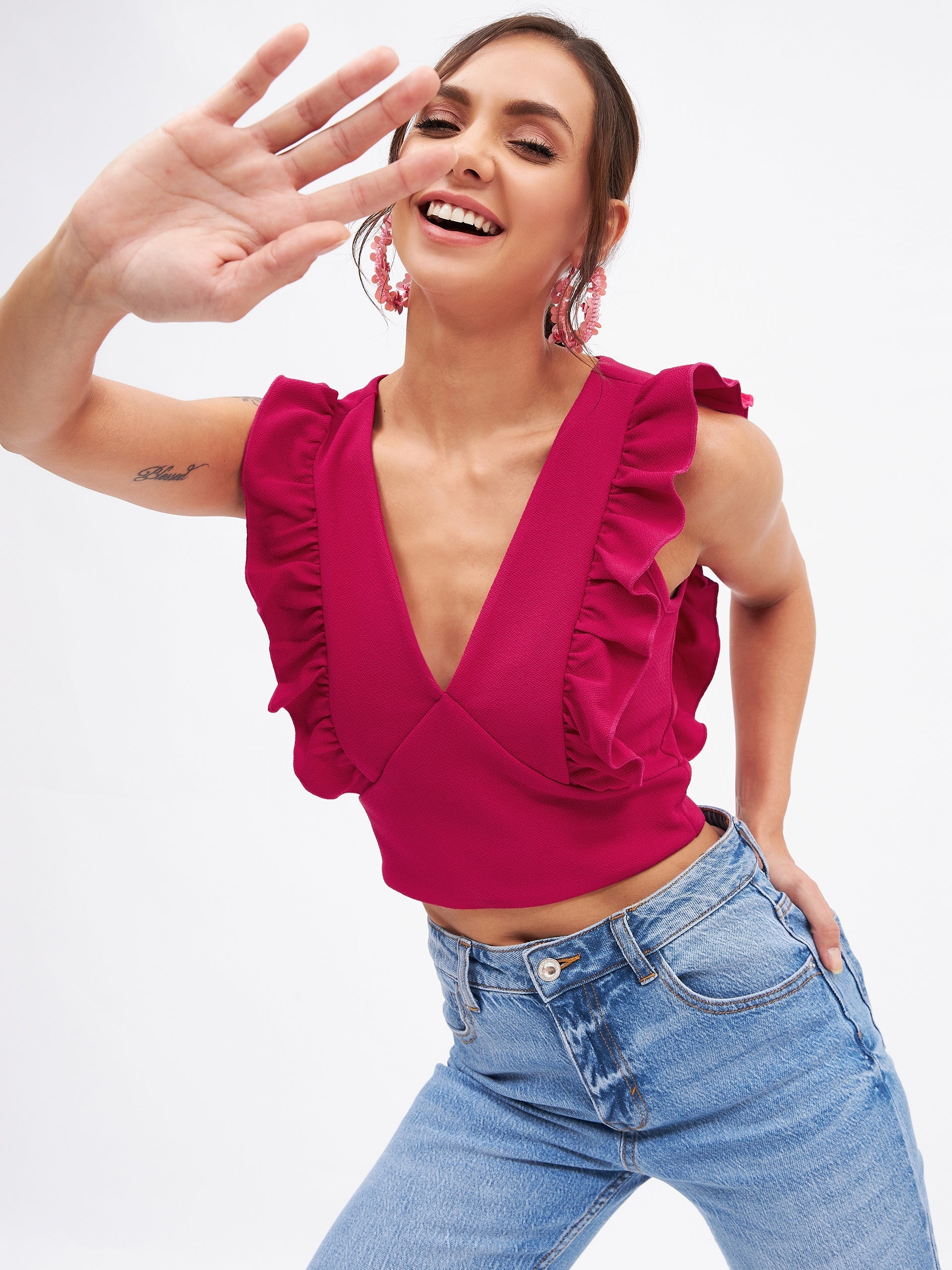 Spandex V Neck Ruffle Crop Top