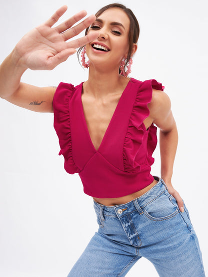 Spandex V Neck Ruffle Crop Top