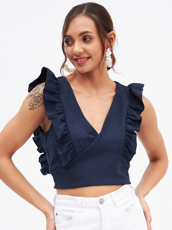 Spandex V Neck Ruffle Crop Top