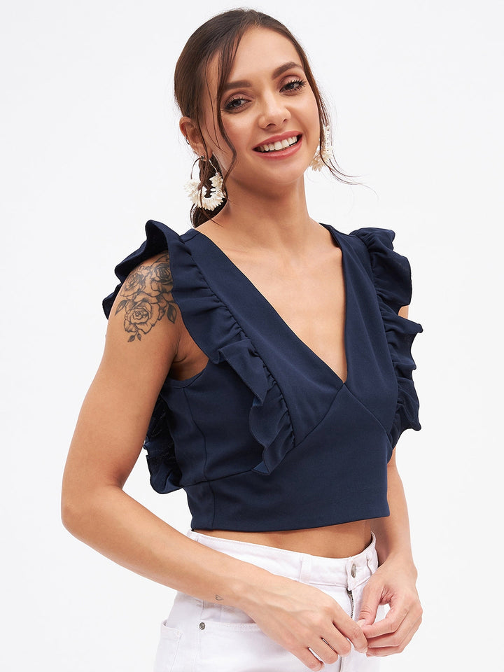 Spandex V Neck Ruffle Crop Top