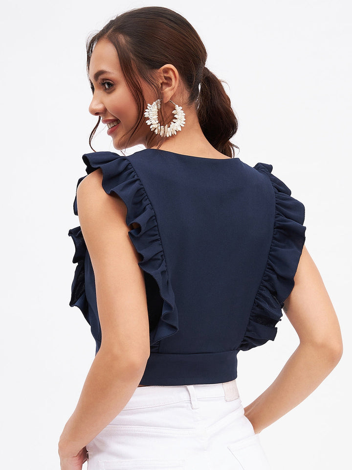 Spandex V Neck Ruffle Crop Top