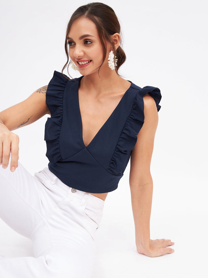 Spandex V Neck Ruffle Crop Top