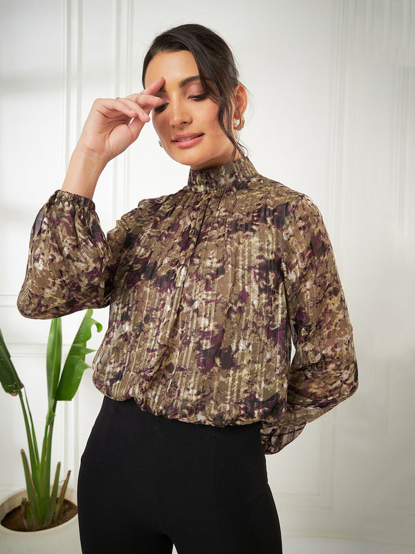 Olive-Purple Balloon Sleeve Crop Top