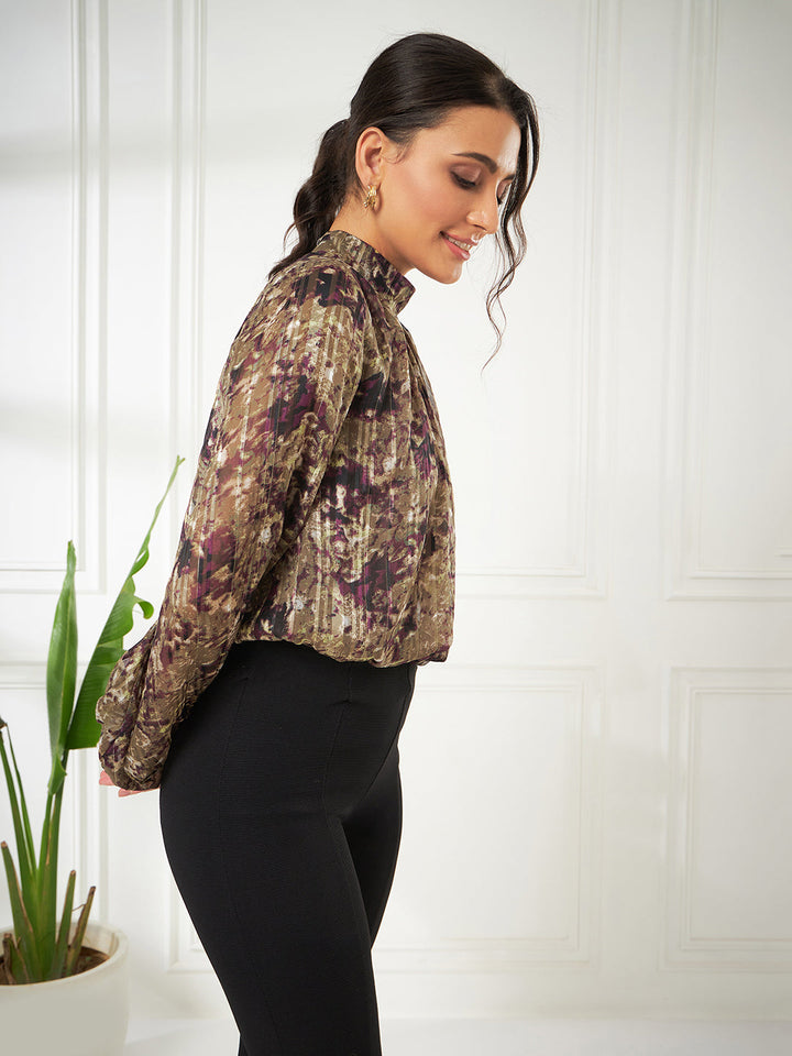 Olive-Purple Balloon Sleeve Crop Top