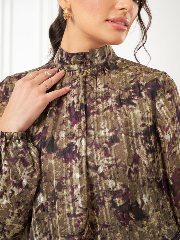 Olive-Purple Balloon Sleeve Crop Top