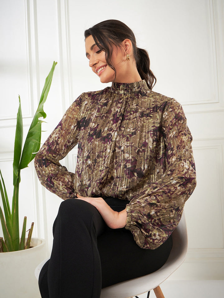 Olive-Purple Balloon Sleeve Crop Top