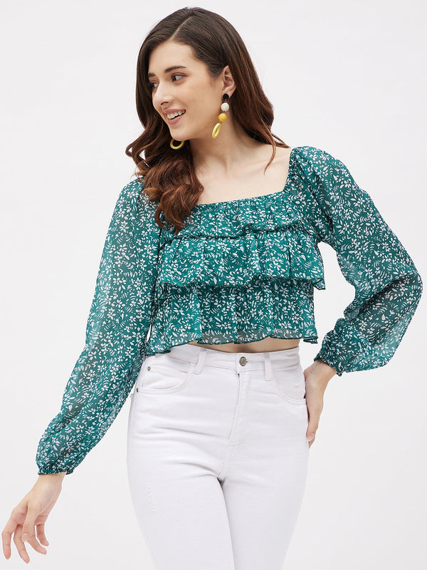 Georgette Green Printed Ruffle Crop Top