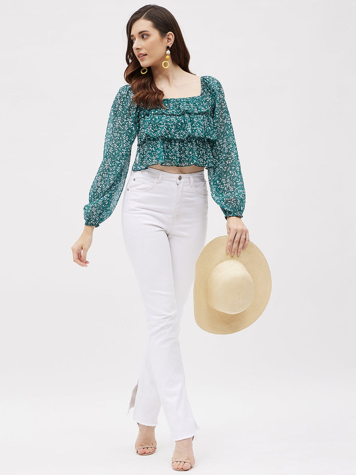 Georgette Green Printed Ruffle Crop Top