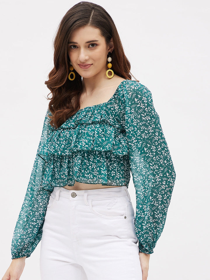 Georgette Green Printed Ruffle Crop Top