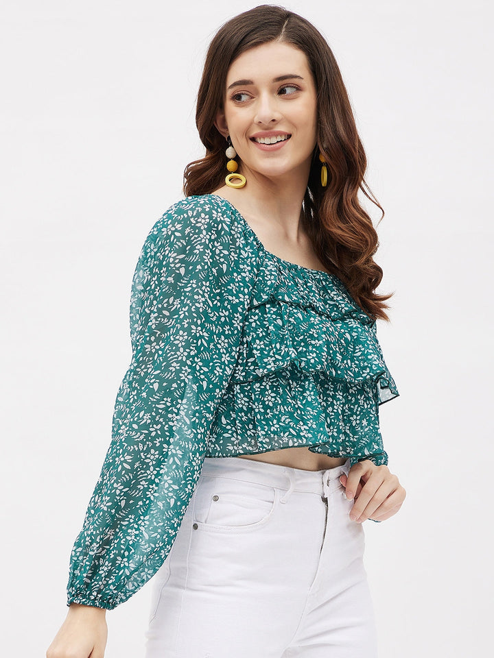 Georgette Green Printed Ruffle Crop Top