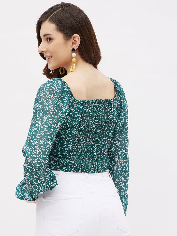 Georgette Green Printed Ruffle Crop Top