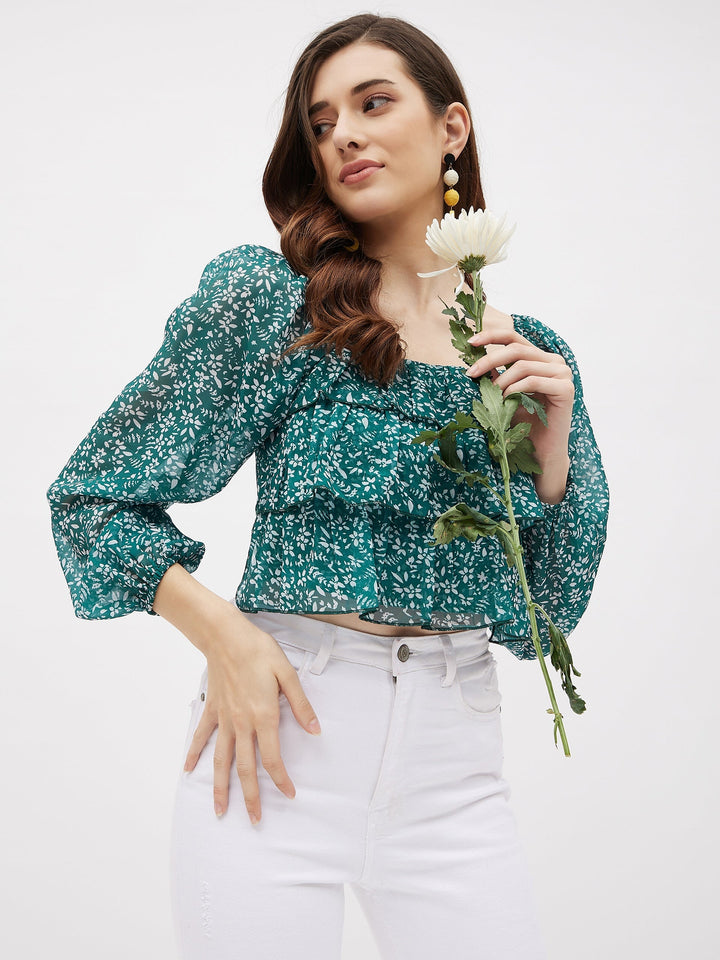 Georgette Green Printed Ruffle Crop Top