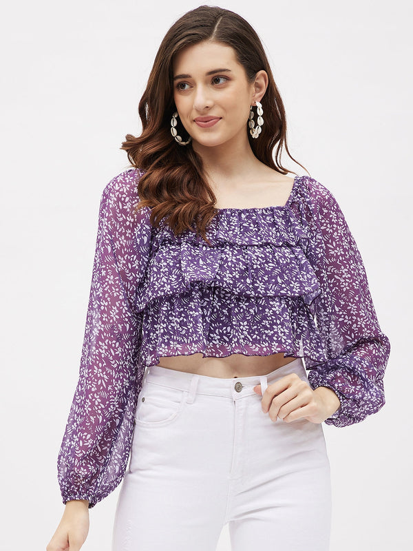 Georgette Purple Printed Ruffle Crop Top