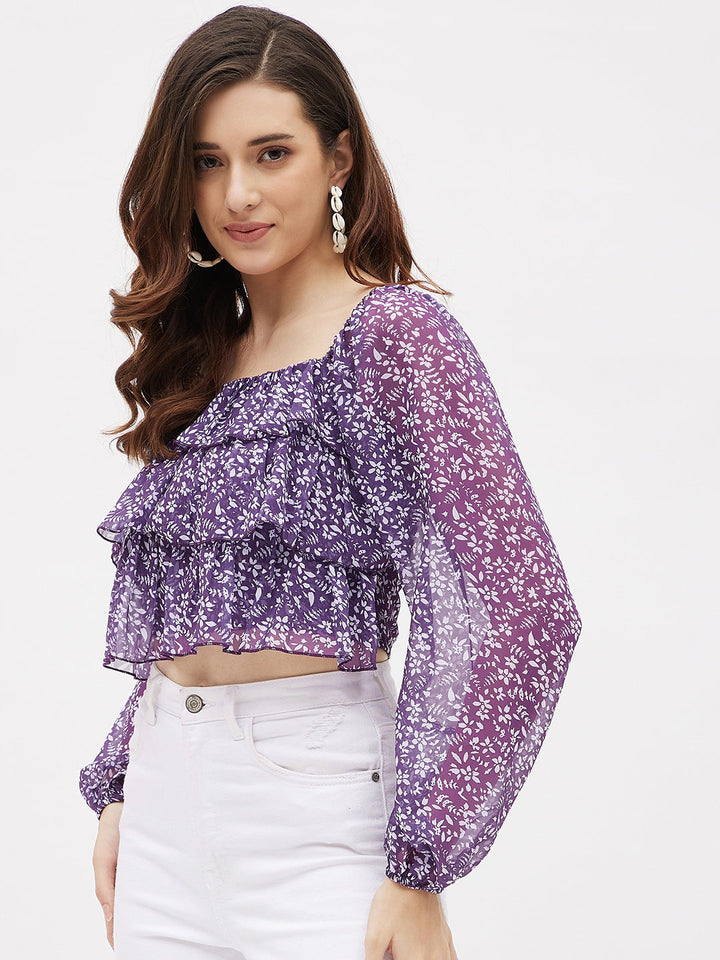 Georgette Purple Printed Ruffle Crop Top