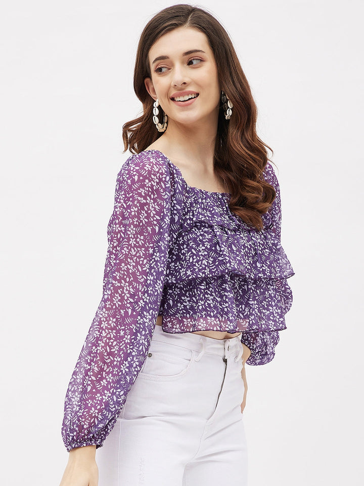 Georgette Purple Printed Ruffle Crop Top