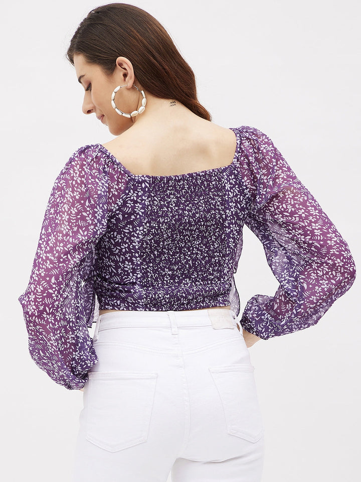 Georgette Purple Printed Ruffle Crop Top