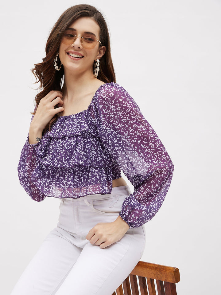 Georgette Purple Printed Ruffle Crop Top