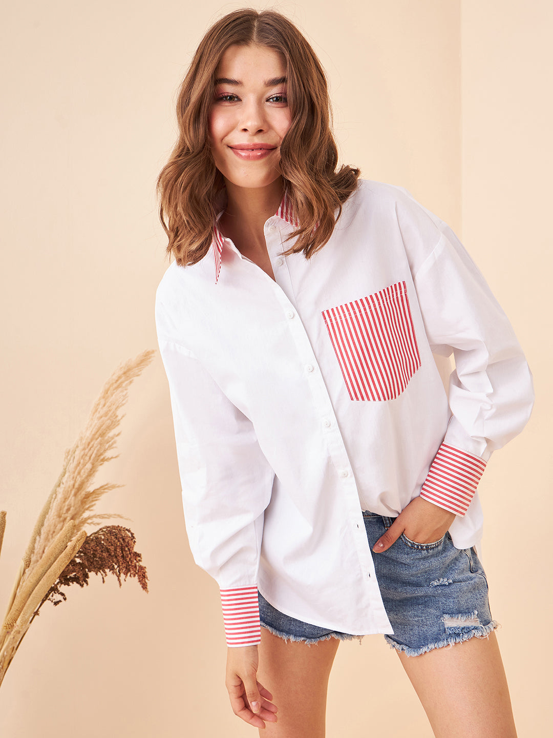 Red Stripes Deatiling White Shirt