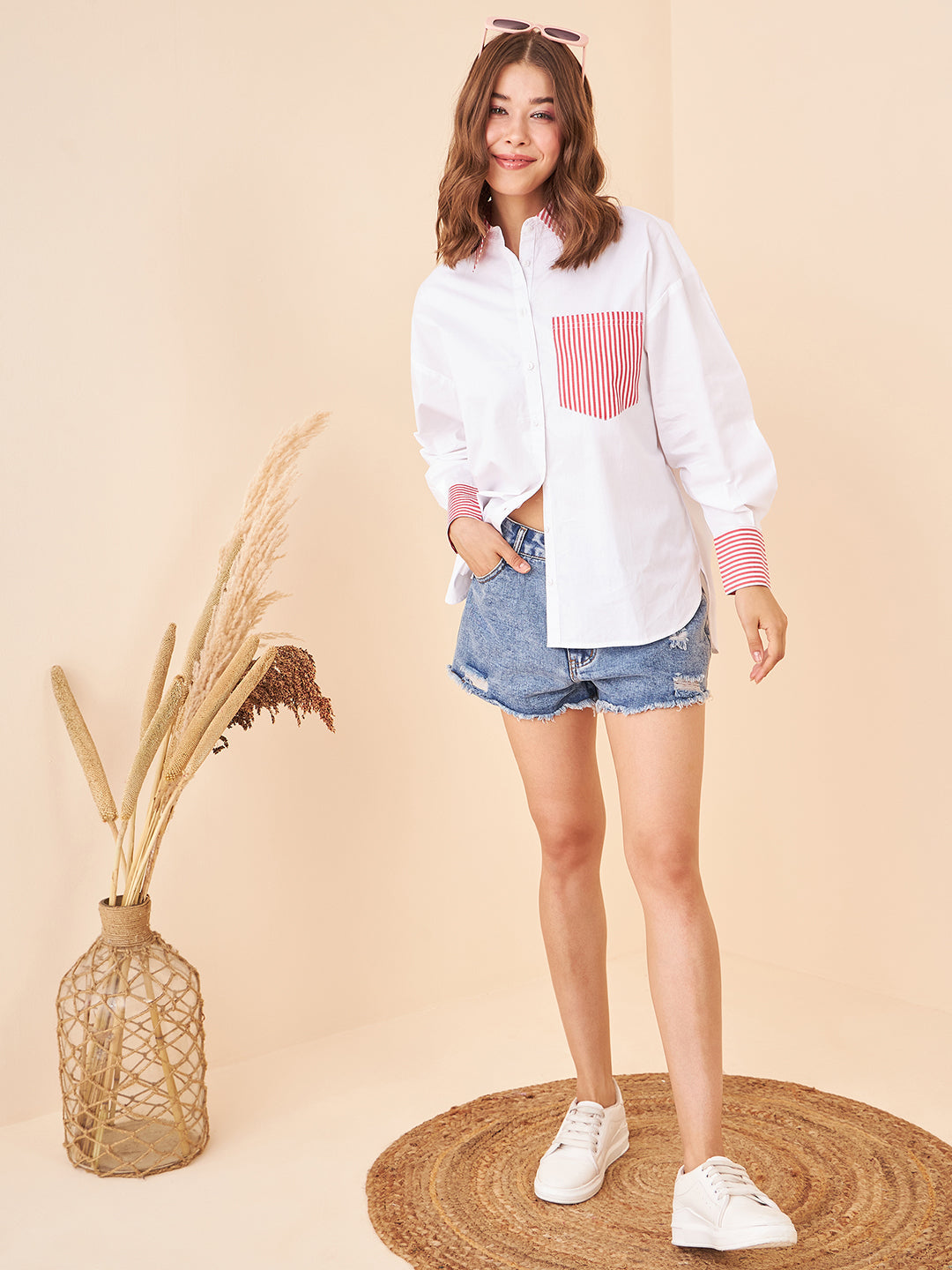 Red Stripes Deatiling White Shirt