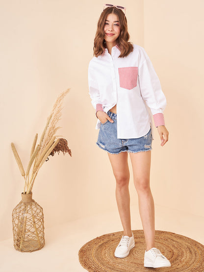 Red Stripes Deatiling White Shirt