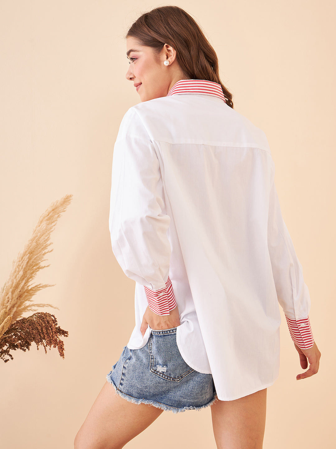 Red Stripes Deatiling White Shirt