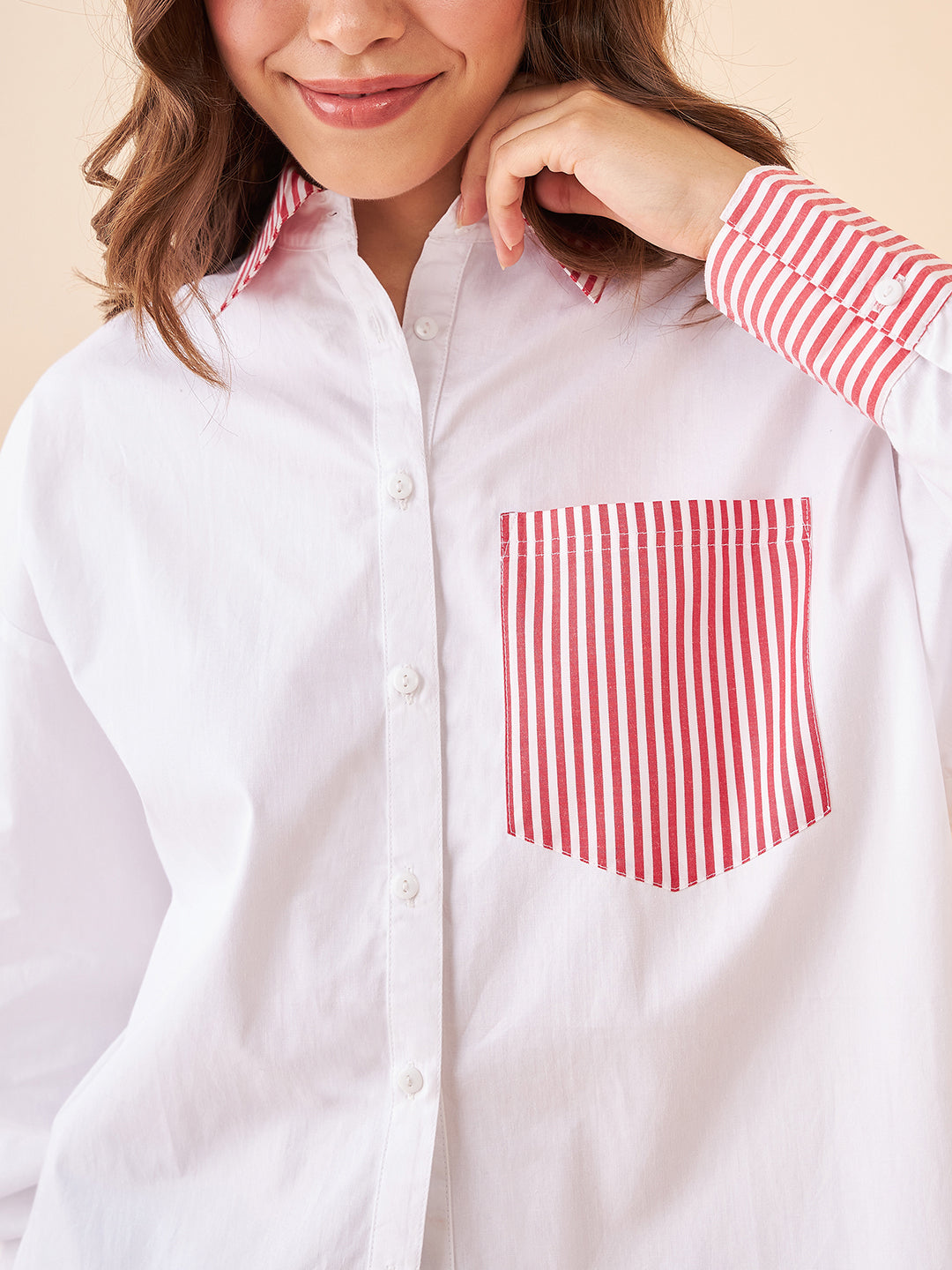 Red Stripes Deatiling White Shirt