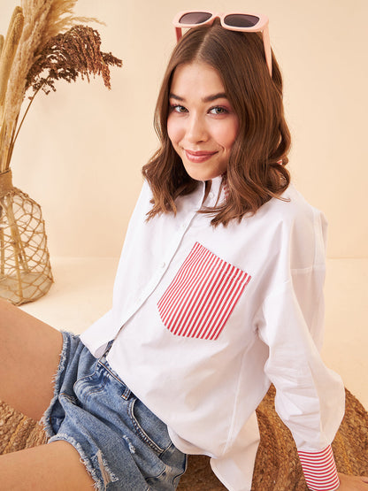 Red Stripes Deatiling White Shirt