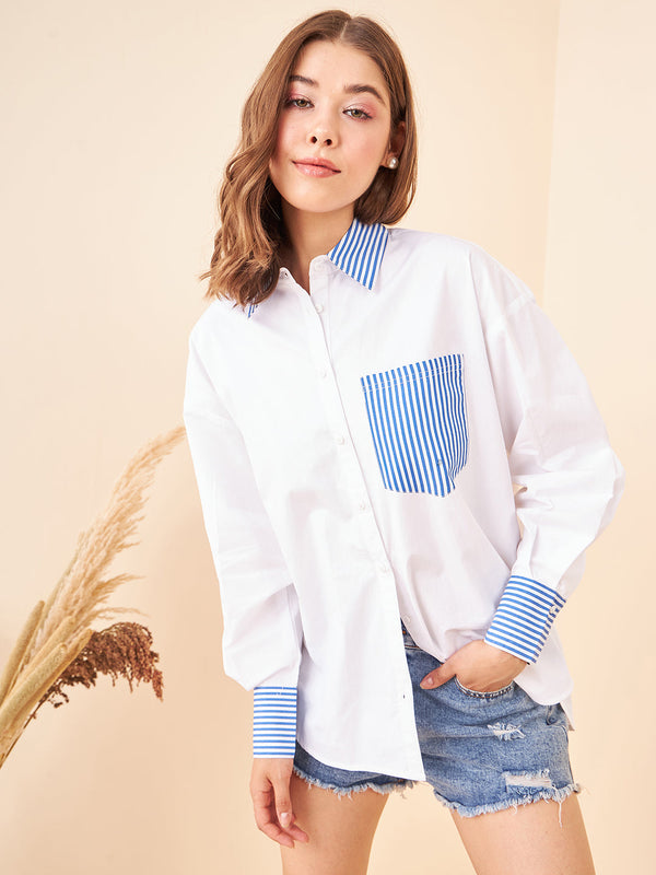 Blue Stripes Deatiling White Shirt