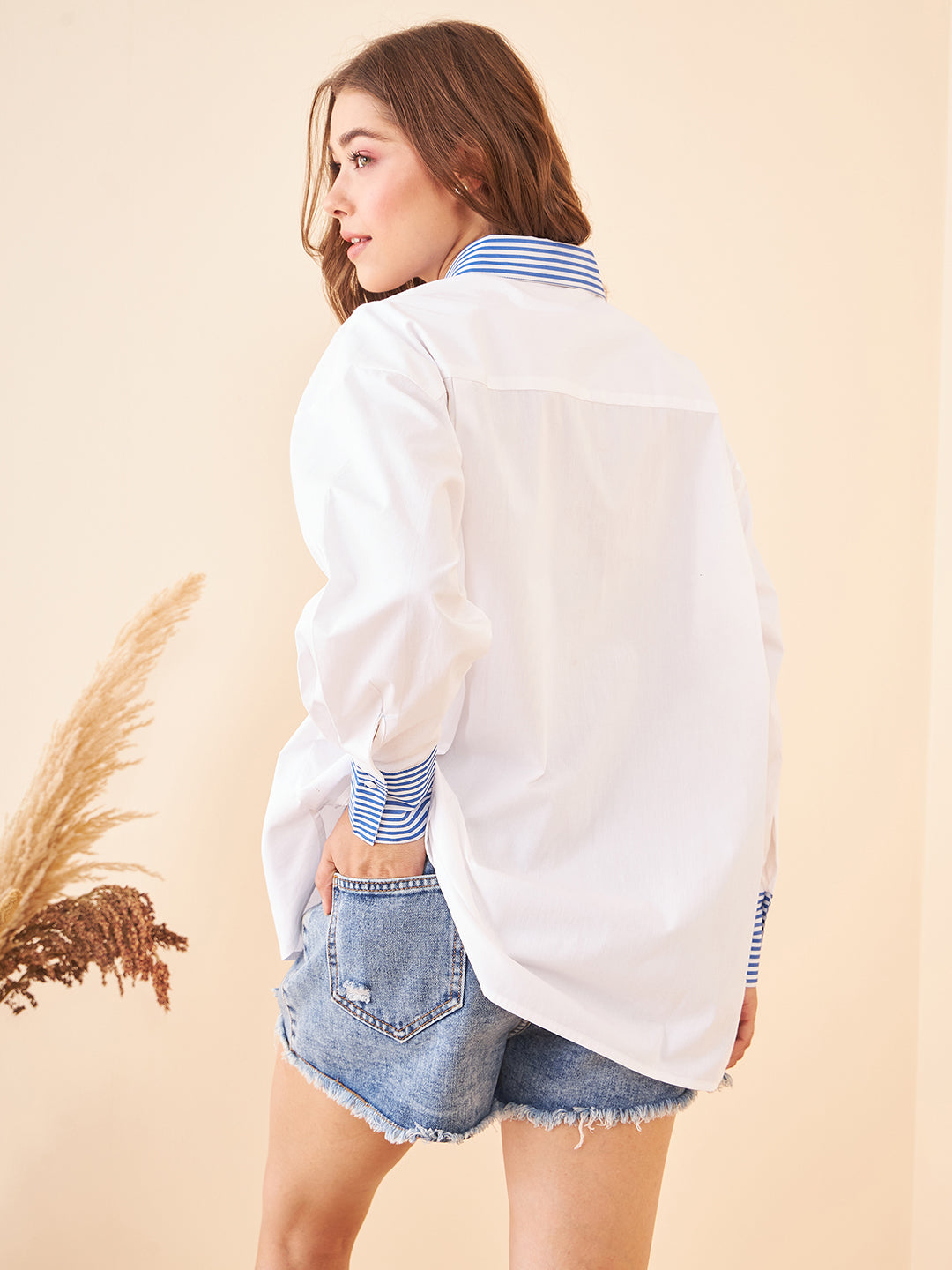 Blue Stripes Deatiling White Shirt