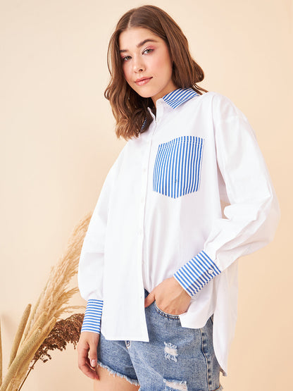 Blue Stripes Deatiling White Shirt