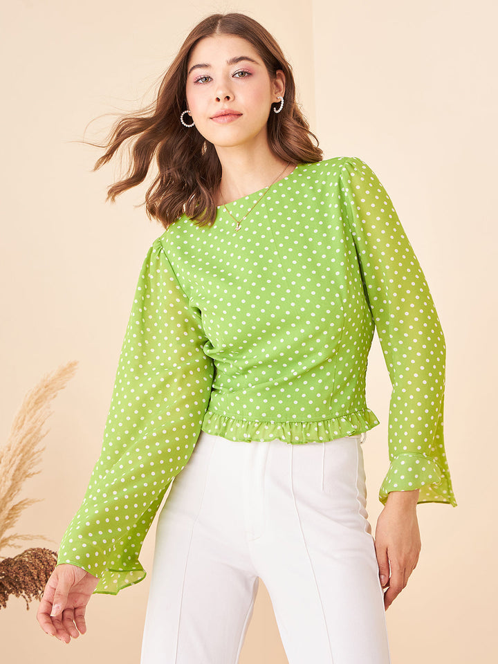 Green Polka-dot Bell Sleeve Top