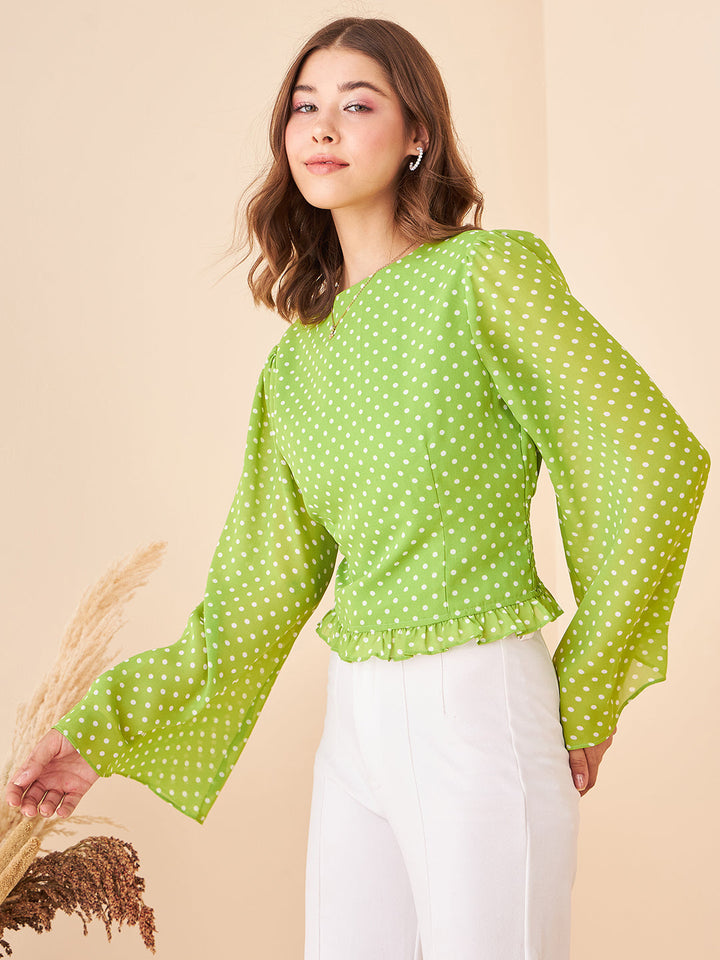 Green Polka-dot Bell Sleeve Top