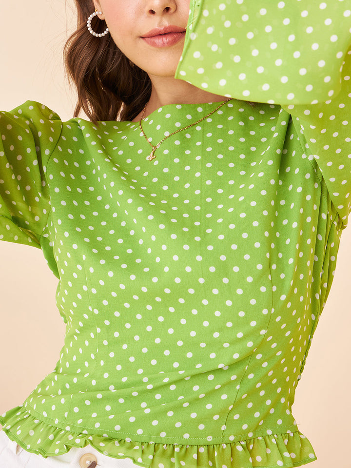 Green Polka-dot Bell Sleeve Top