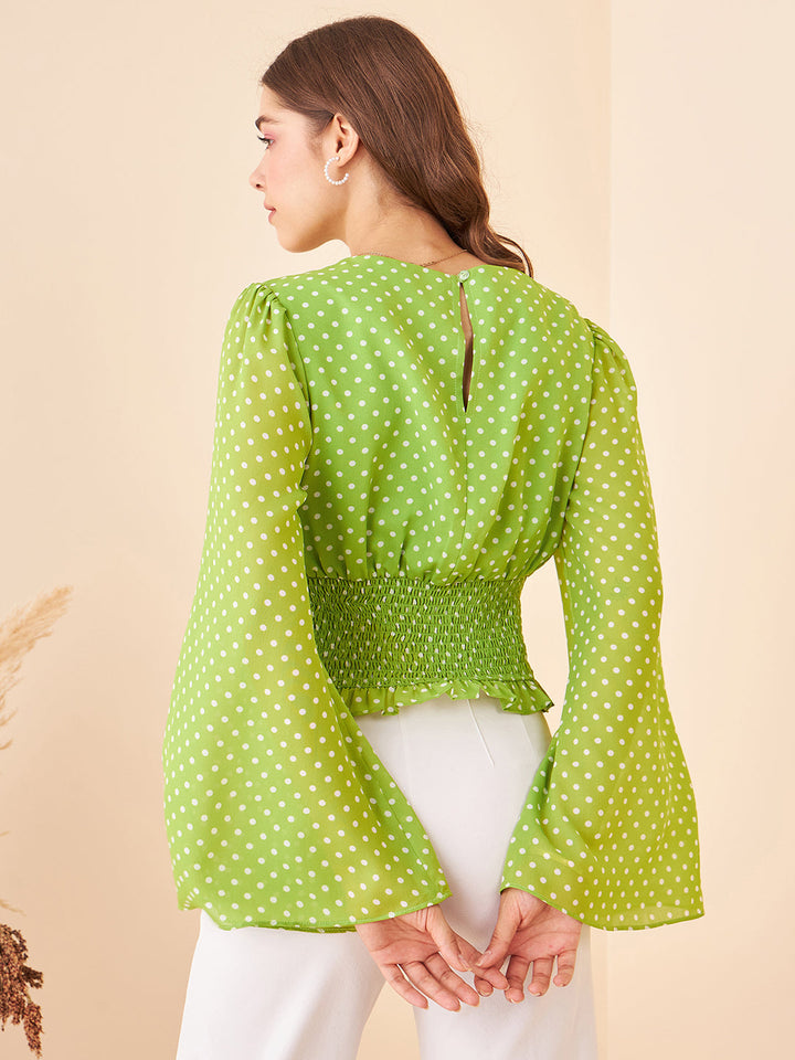 Green Polka-dot Bell Sleeve Top